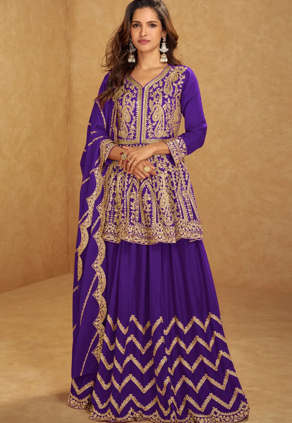 Embroidered Chinon Silk Lehenga in Purple