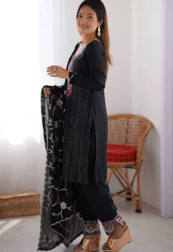 Embroidered Chinon Silk Pakistani Suit in Black