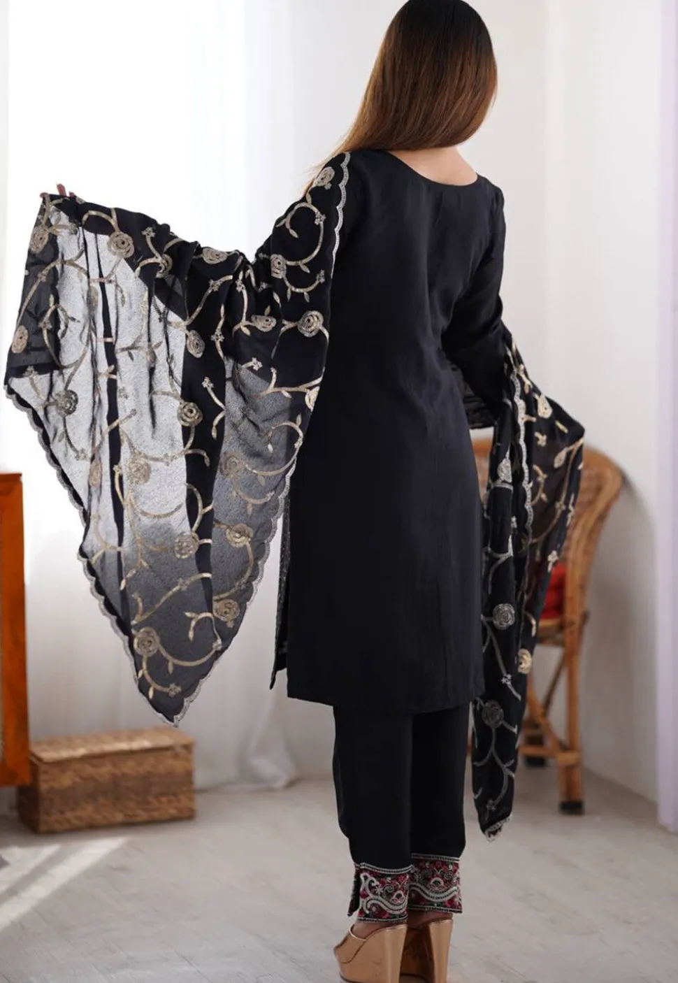 Embroidered Chinon Silk Pakistani Suit in Black