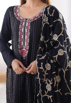 Embroidered Chinon Silk Pakistani Suit in Black