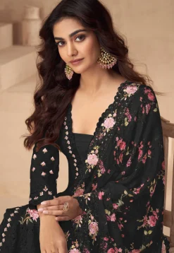 Embroidered Chinon Silk Pakistani Suit in Black