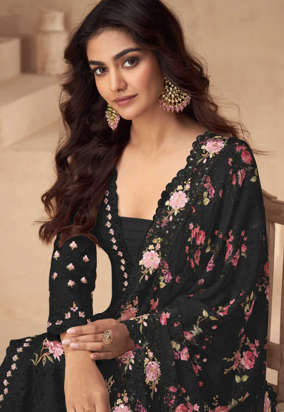 Embroidered Chinon Silk Pakistani Suit in Black