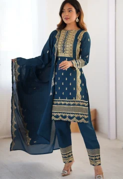 Embroidered Chinon Silk Pakistani Suit in Teal Blue