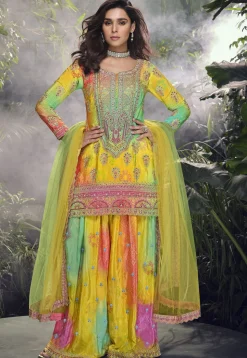 Embroidered Chinon Silk Pakistani Suit in Yellow and Multicolor