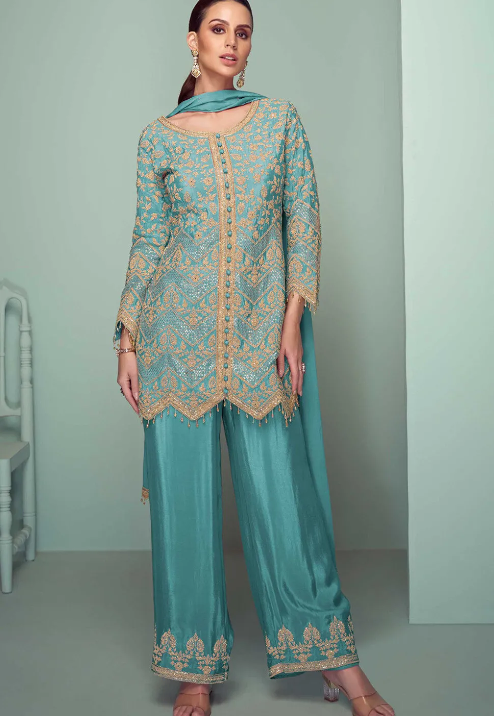 Embroidered Chinon Silk Pakistani Suit in Blue