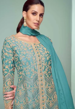 Embroidered Chinon Silk Pakistani Suit in Blue