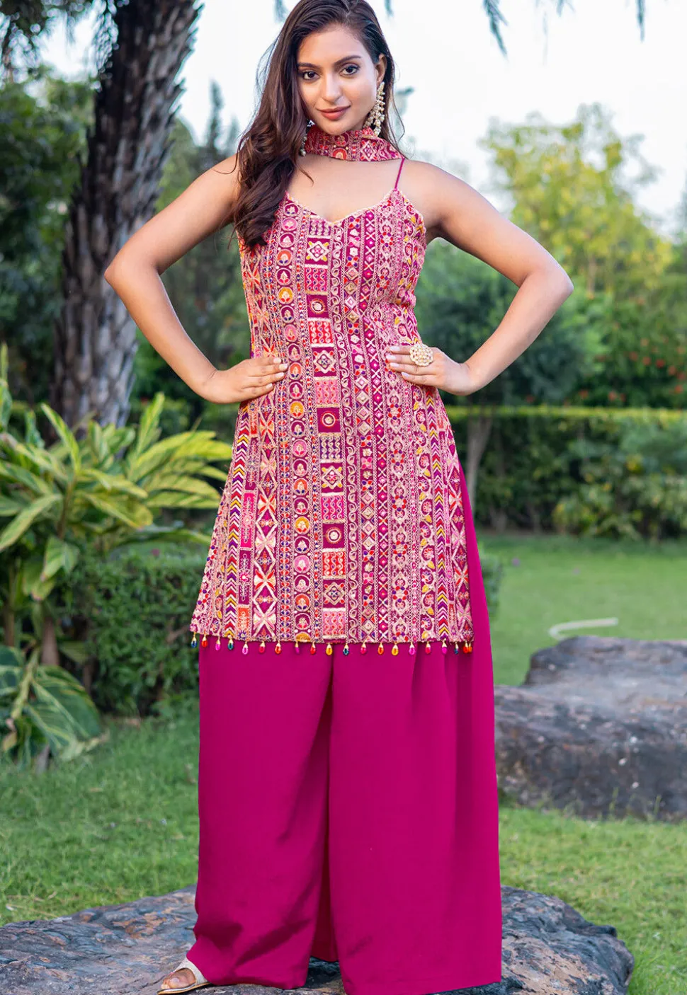 Embroidered Chinon Silk Pakistani Suit in Fuchsia