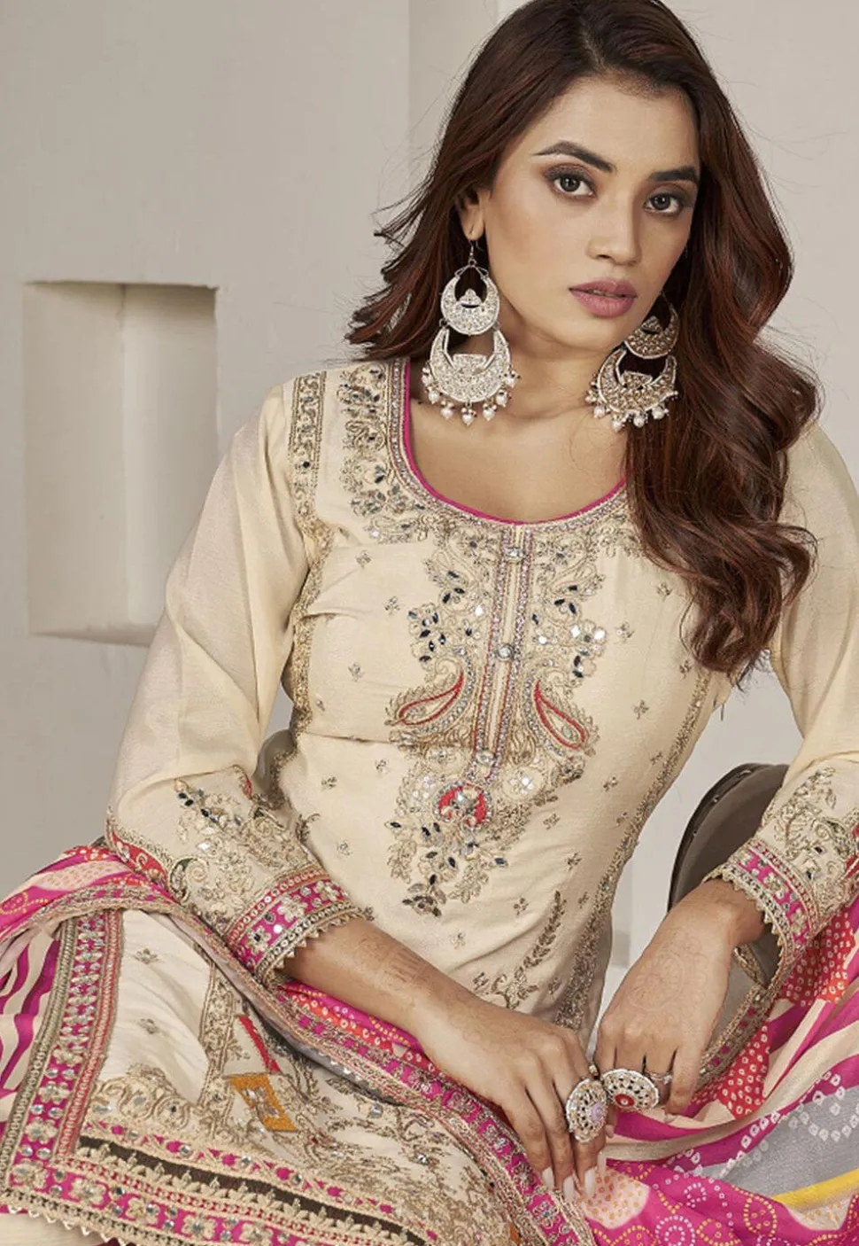 Embroidered Chinon Silk Punjabi Suit in Cream