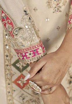 Embroidered Chinon Silk Punjabi Suit in Cream