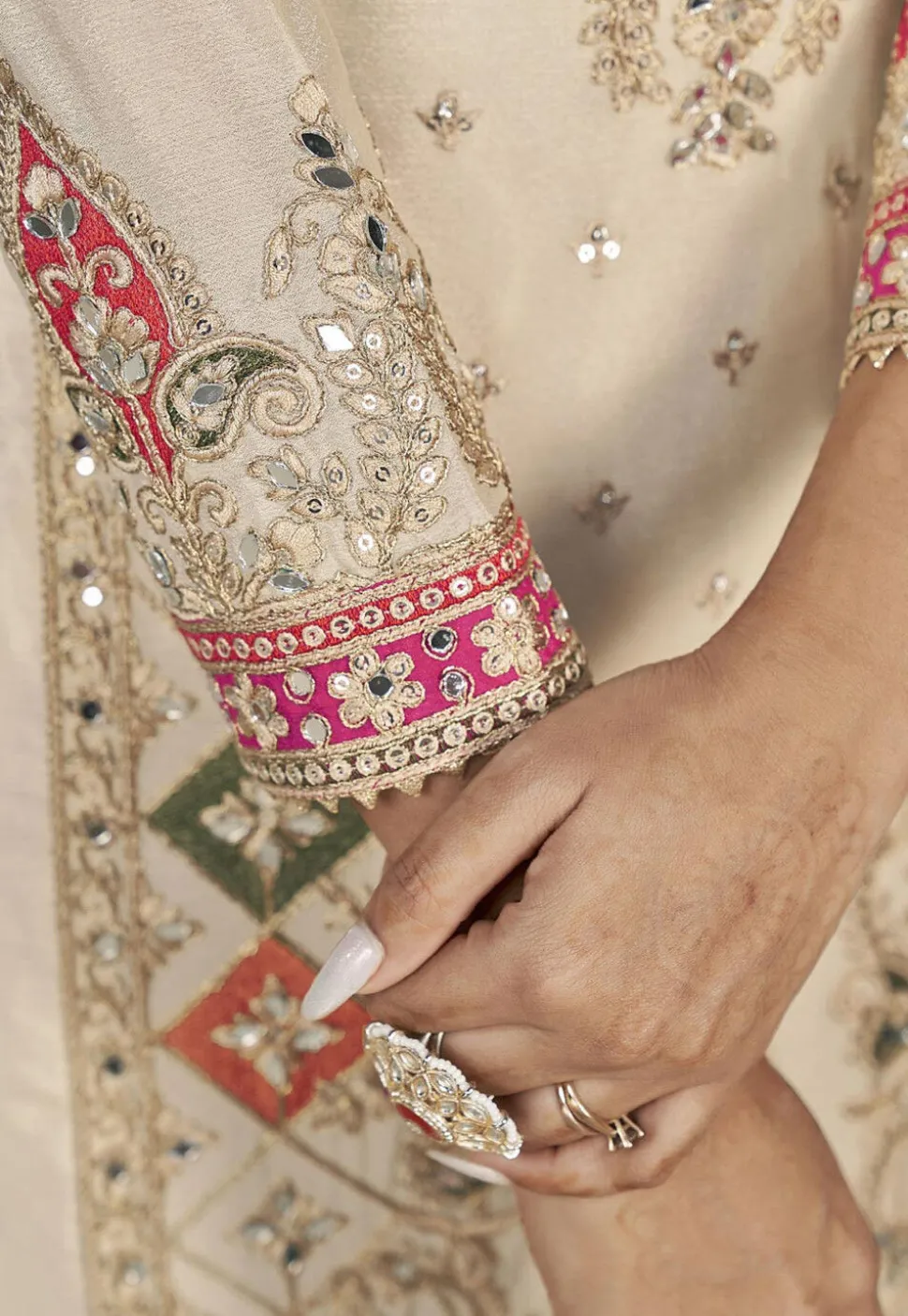 Embroidered Chinon Silk Punjabi Suit in Cream