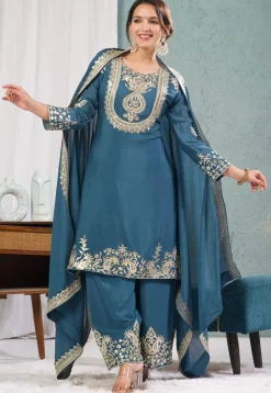 Embroidered Chinon Silk Pakistani Suit in Teal Blue