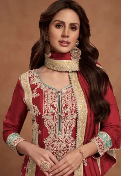 Embroidered Chinon Silk Pakistani Suit in Maroon