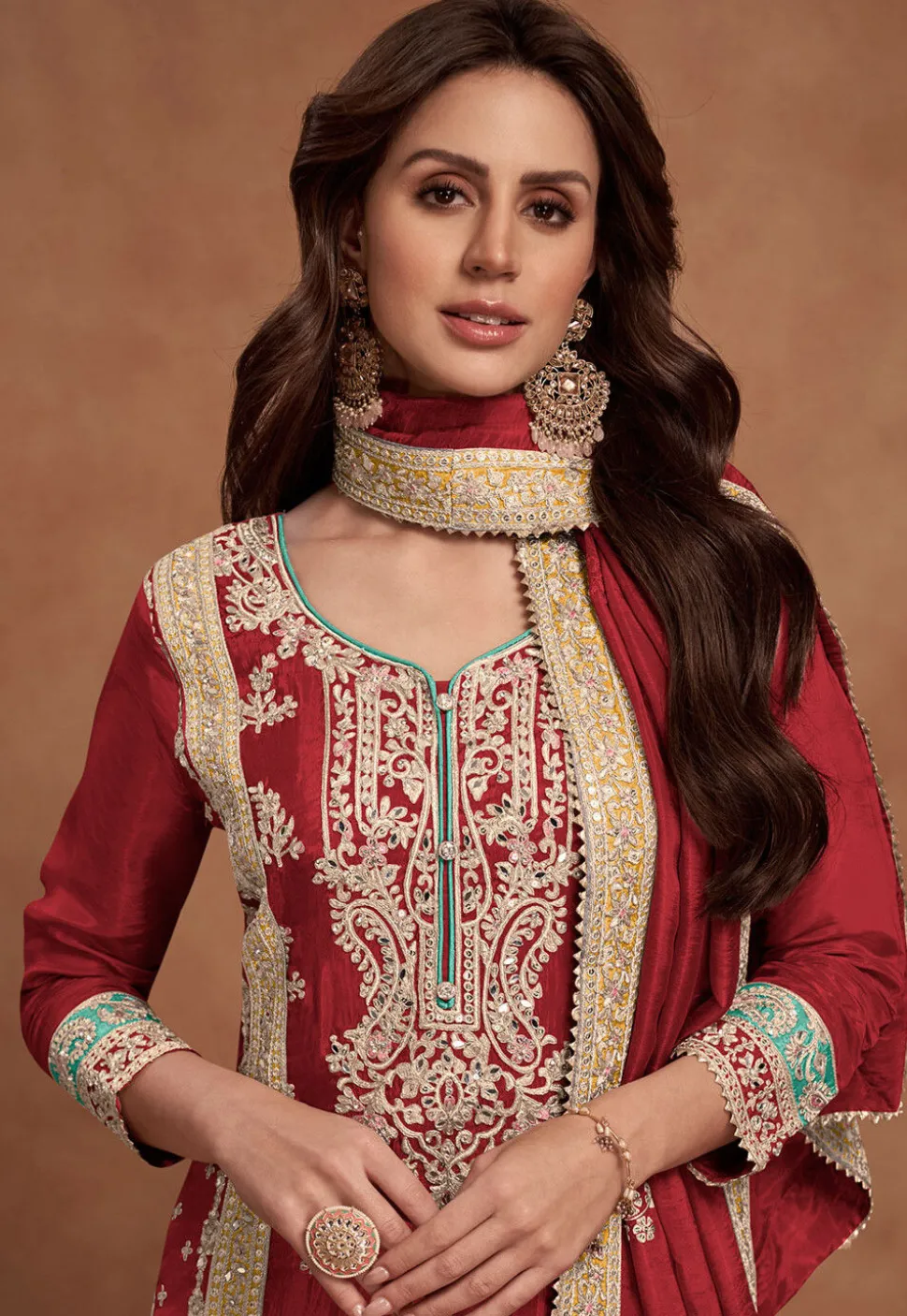 Embroidered Chinon Silk Pakistani Suit in Maroon