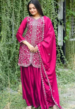 Embroidered Chinon Silk Pakistani Suit in Fuschia