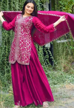 Embroidered Chinon Silk Pakistani Suit in Fuschia