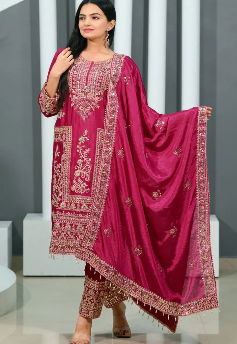 Embroidered Chinon Silk Pakistani Suit in Pink