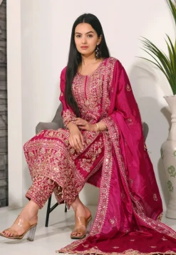Embroidered Chinon Silk Pakistani Suit in Pink