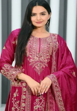 Embroidered Chinon Silk Pakistani Suit in Pink