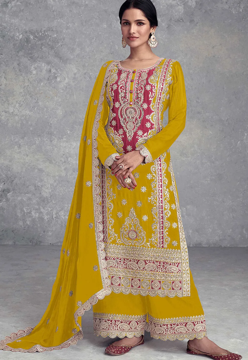 Embroidered Chinon Silk Pakistani Suit in Mustard