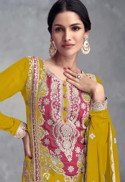 Embroidered Chinon Silk Pakistani Suit in Mustard