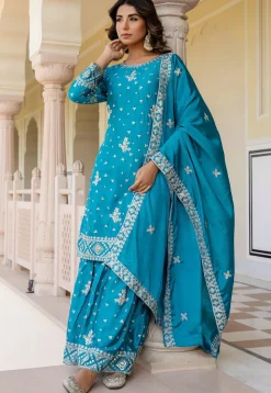 Embroidered Chinon Silk Pakistani Suit in Blue