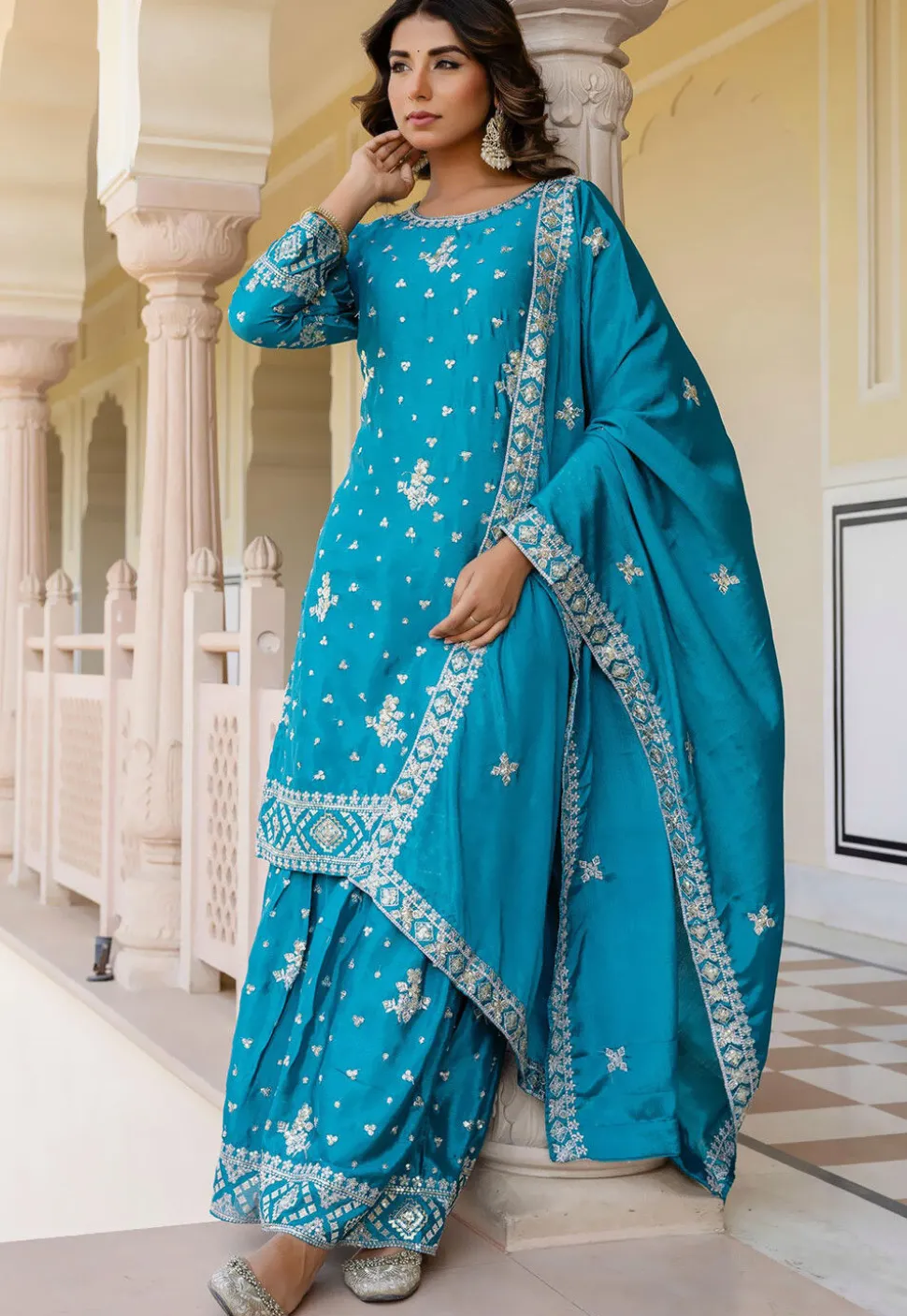 Embroidered Chinon Silk Pakistani Suit in Blue