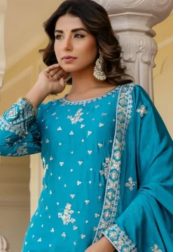 Embroidered Chinon Silk Pakistani Suit in Blue