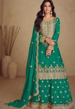 Embroidered Chinon Silk Pakistani Suit in Teal Green