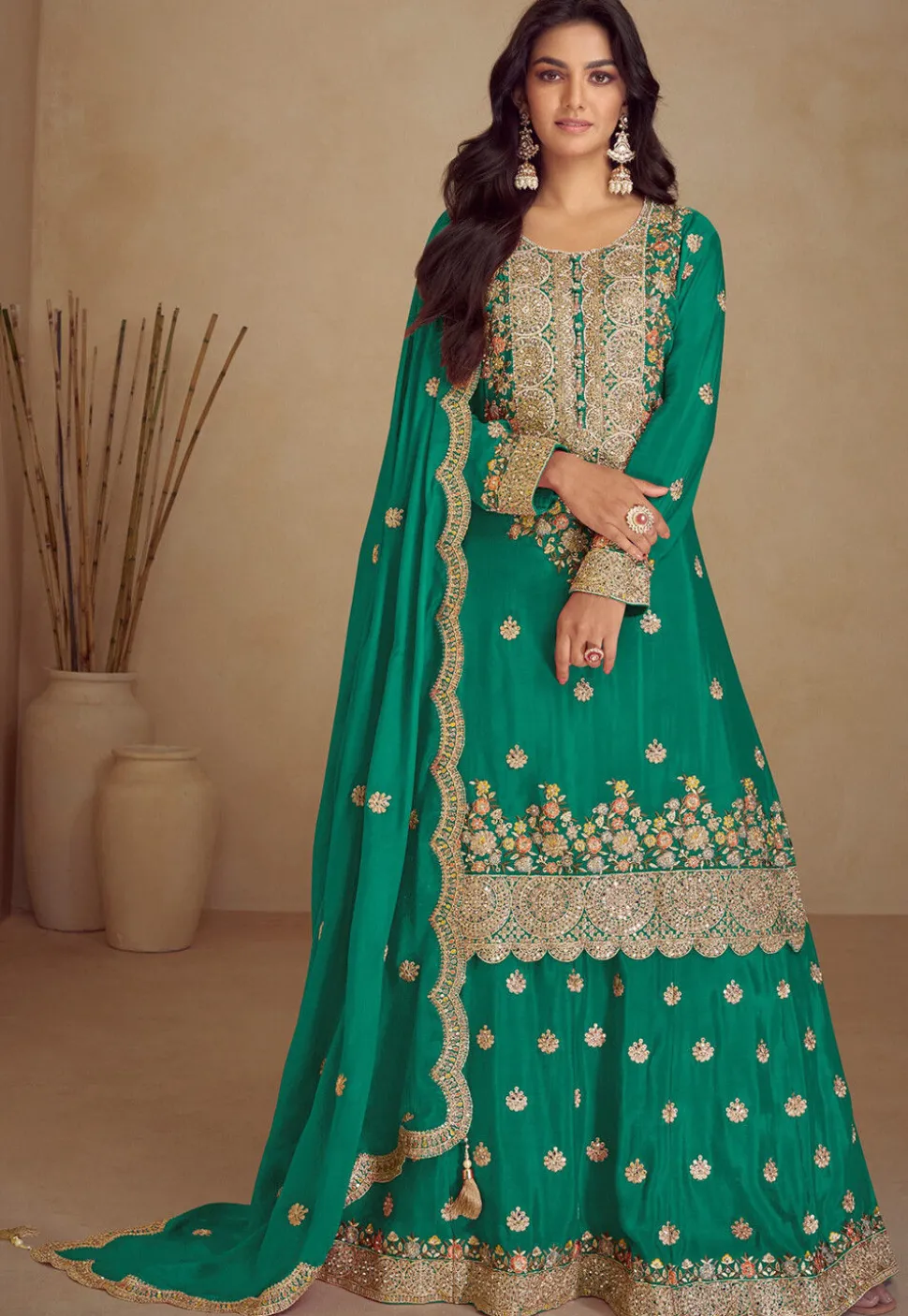 Embroidered Chinon Silk Pakistani Suit in Teal Green