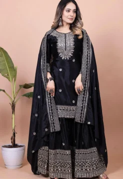 Embroidered Chinon Silk Pakistani Suit in Black