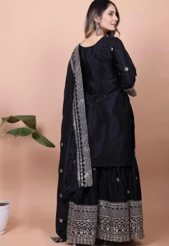 Embroidered Chinon Silk Pakistani Suit in Black