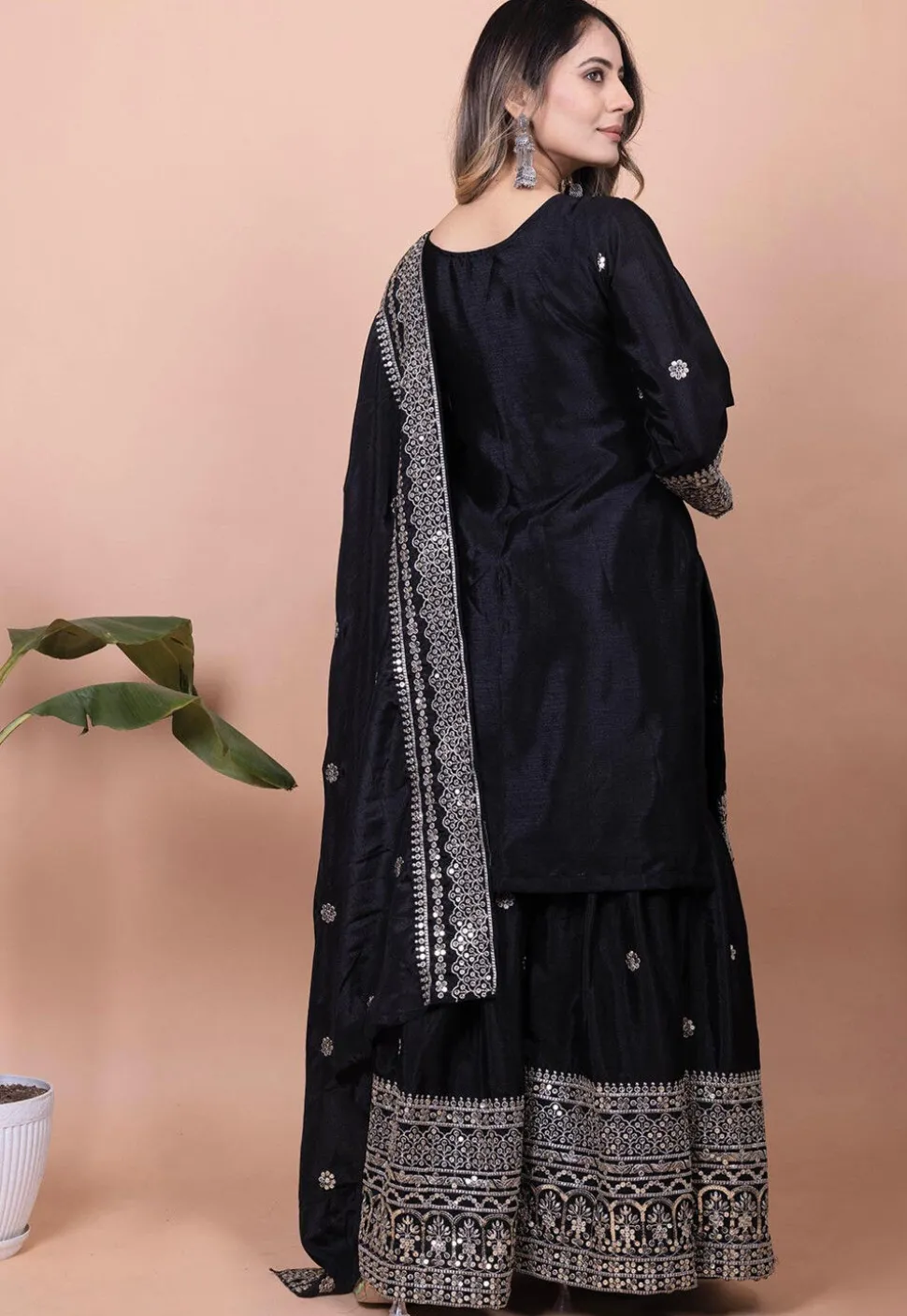 Embroidered Chinon Silk Pakistani Suit in Black