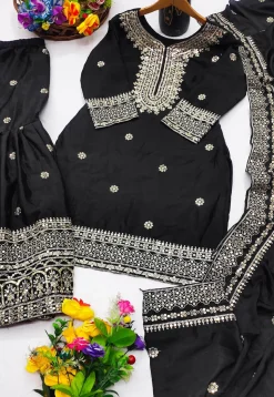 Embroidered Chinon Silk Pakistani Suit in Black
