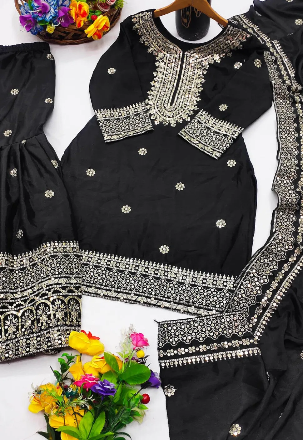 Embroidered Chinon Silk Pakistani Suit in Black