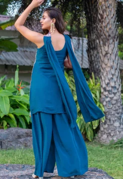 Embroidered Chinon Silk Pakistani Suit in Teal Blue