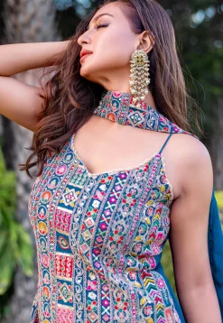 Embroidered Chinon Silk Pakistani Suit in Teal Blue