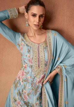 Embroidered Chinon Silk Pakistani Suit in Blue