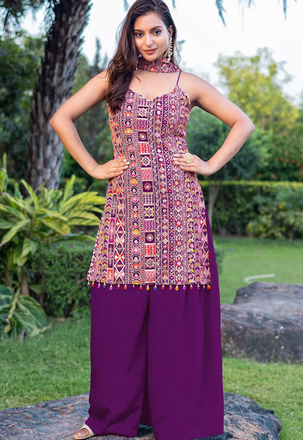 Embroidered Chinon Silk Pakistani Suit in Purple