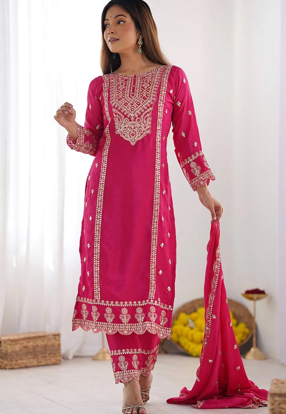 Embroidered Chinon Silk Pakistani Suit in Fuchsia