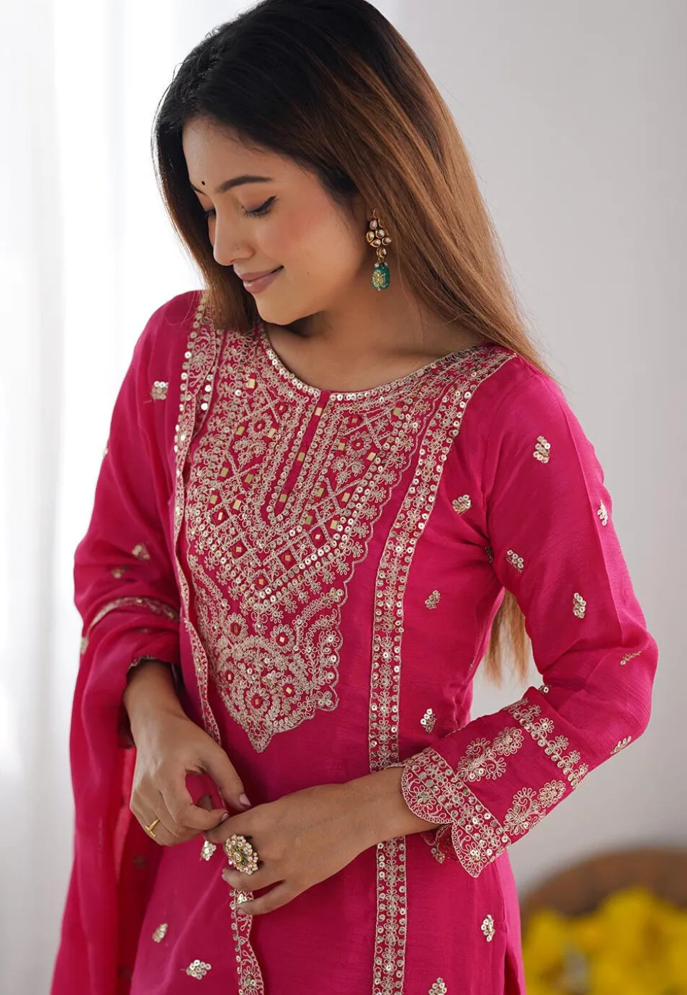 Embroidered Chinon Silk Pakistani Suit in Fuchsia