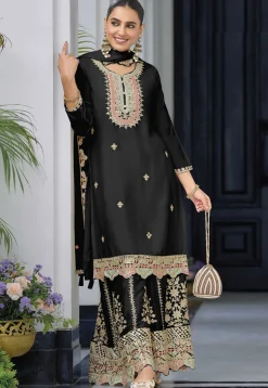 Embroidered Chinon Silk Pakistani Suit in Black