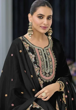 Embroidered Chinon Silk Pakistani Suit in Black