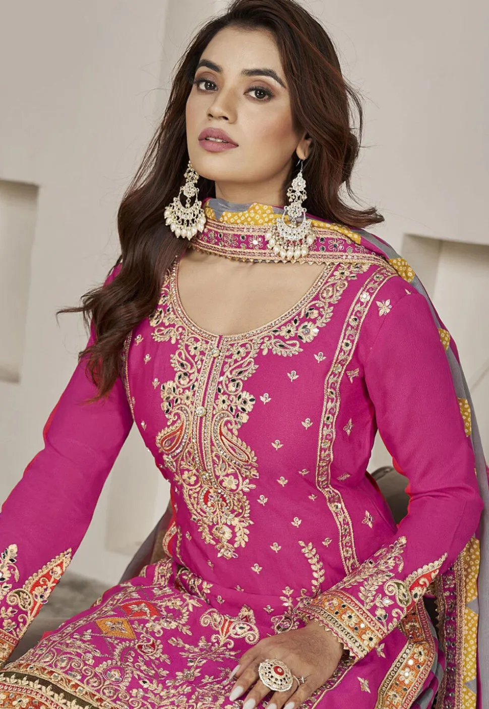 Embroidered Chinon Silk Punjabi Suit in Pink