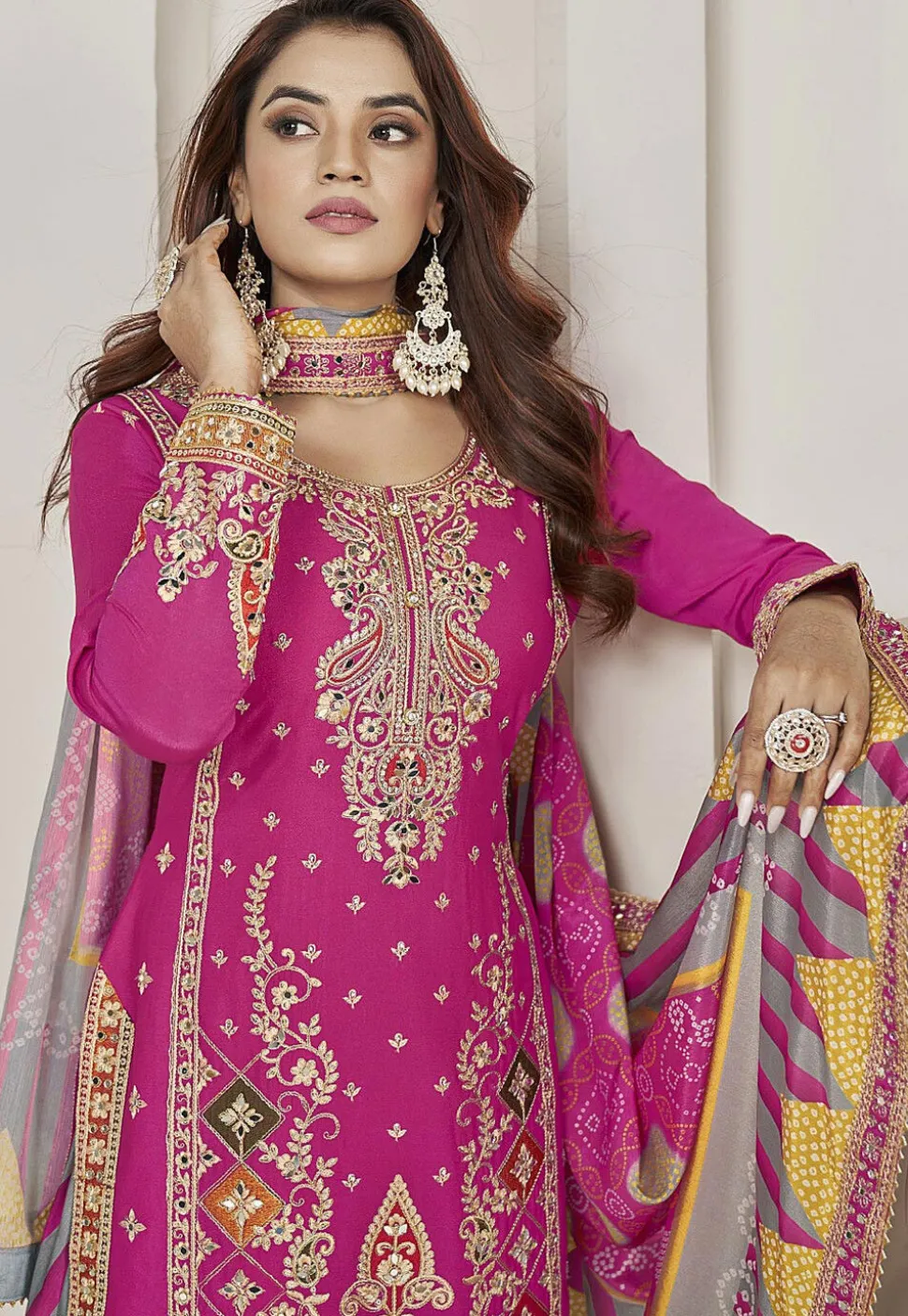 Embroidered Chinon Silk Punjabi Suit in Pink