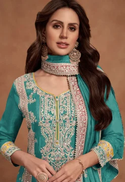Embroidered Chinon Silk Pakistani Suit in Teal Blue