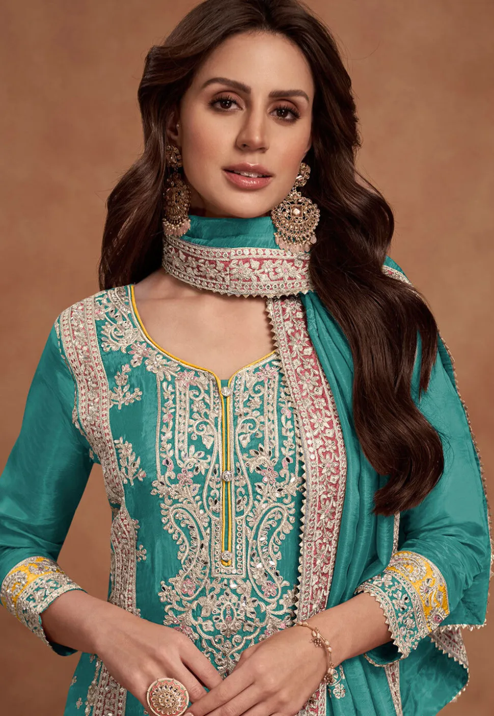 Embroidered Chinon Silk Pakistani Suit in Teal Blue