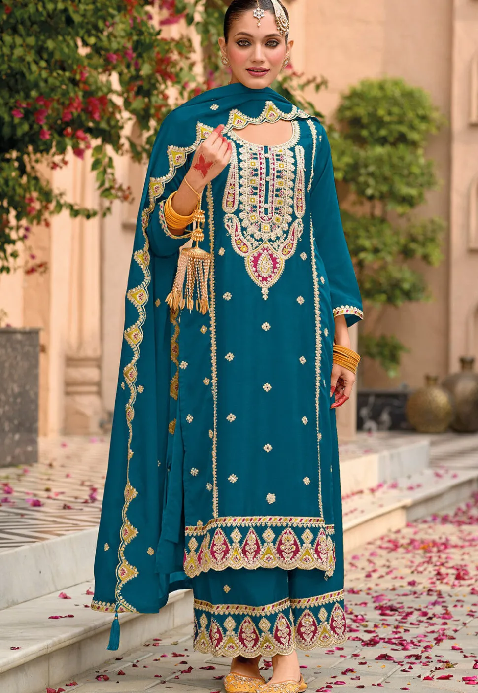 Embroidered Chinon Silk Pakistani Suit in Teal Blue
