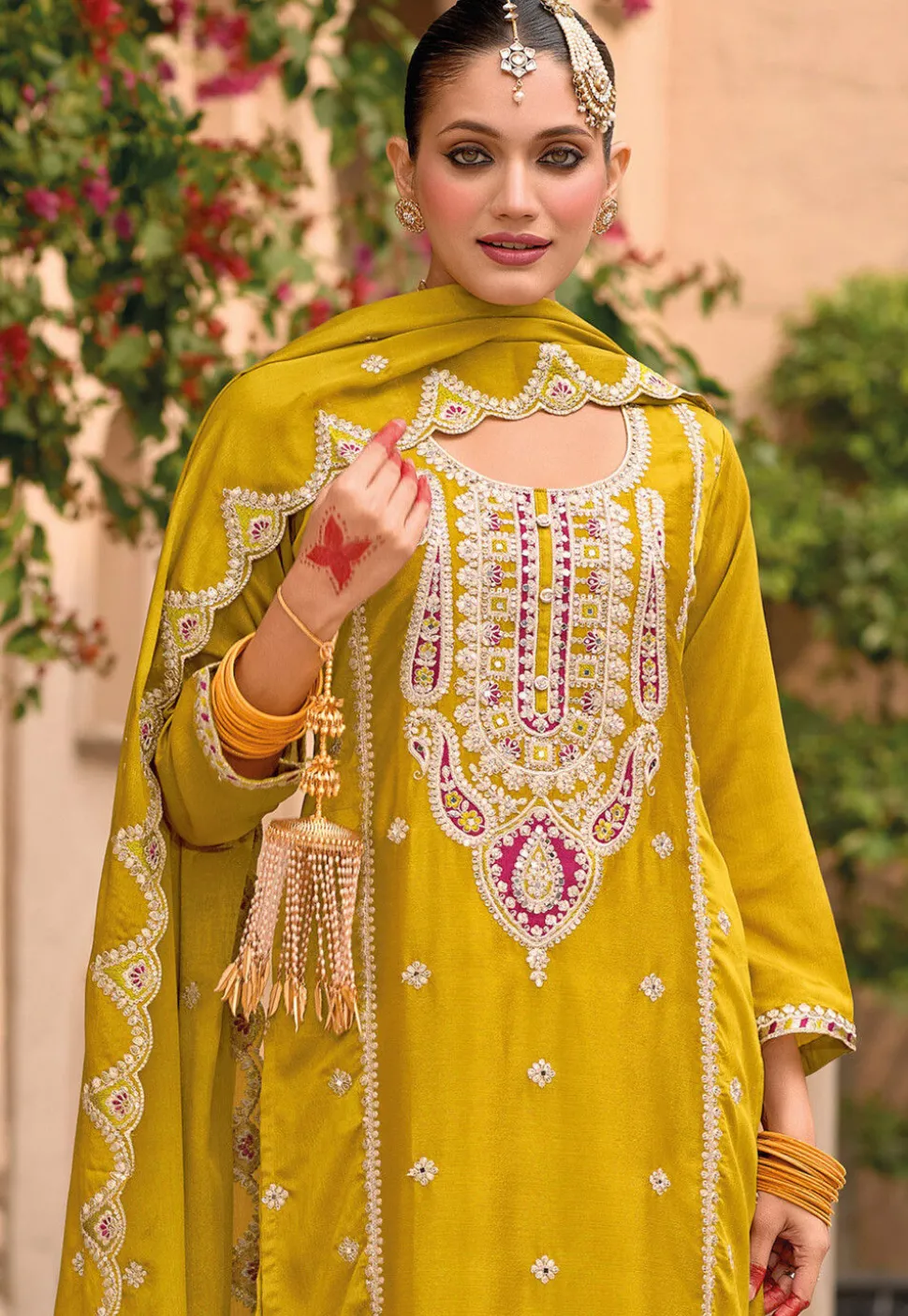 Embroidered Chinon Silk Pakistani Suit in Yellow