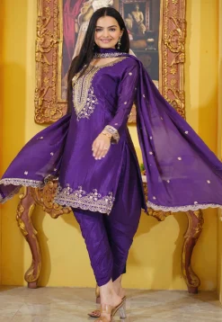 Embroidered Chinon Silk Punjabi Suit in Purple