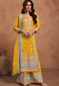 Embroidered Chinon Silk Pakistani Suit in Yellow